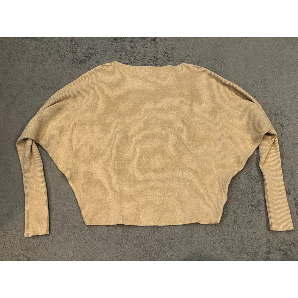 Greige Metallic Gold Batwing Knit Sweater Womens Medium Ribbed Boat Neck Shimmer
